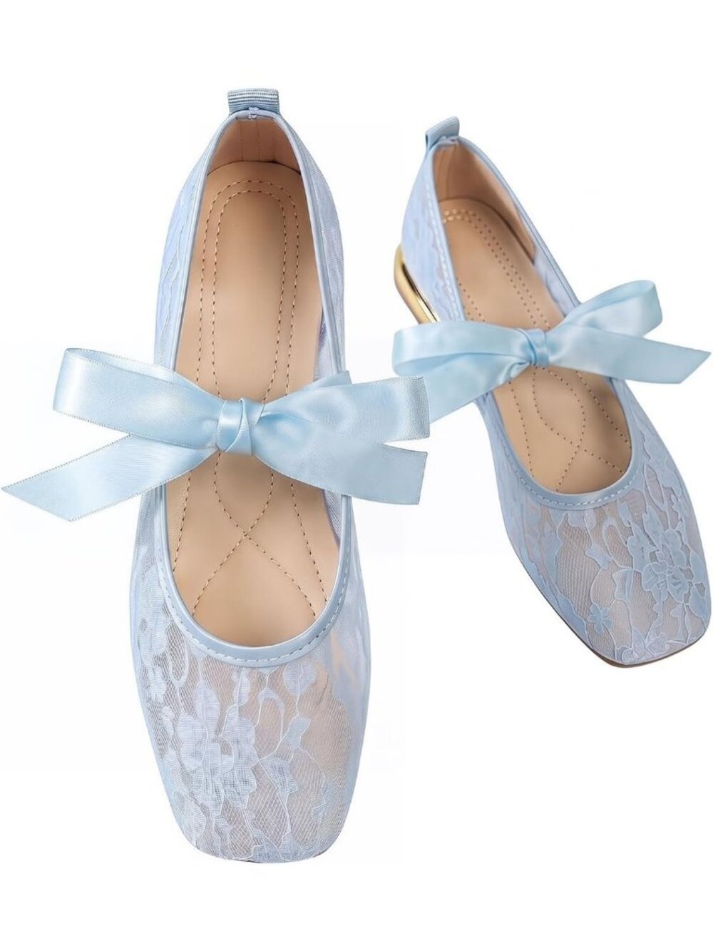 Women's Light Blue Mesh Polka Dots Ballet Flats Cute Lace Ballerina Casual Shoes